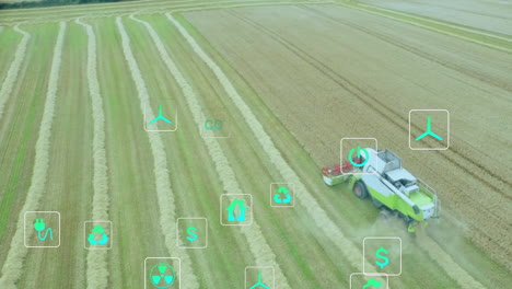 animation of eco icons and data processing over countryside farm land