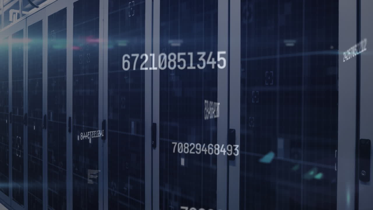 Animation of multiple changing numbers, light spot and data processing against computer server room