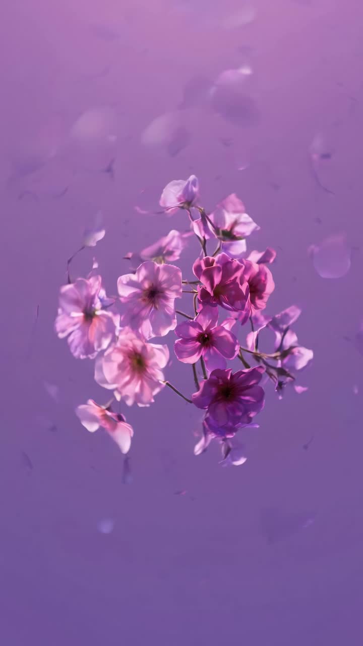 Close-up of pink flowers floating against a soft purple background, captured from a top-down angle