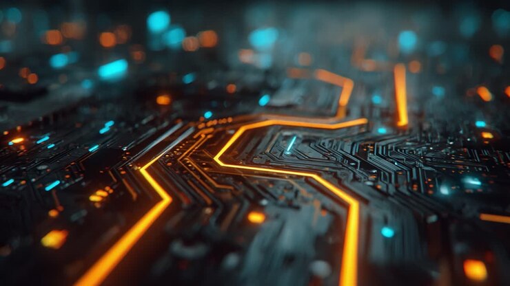 Primi piani complessi di un circuito stampato con percorsi illuminati che evidenziano il flusso di dati attraverso reti e connettività in un ambiente tecnologico