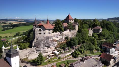 switzerland medieval castle rue town europe fribourg canton aerial drone