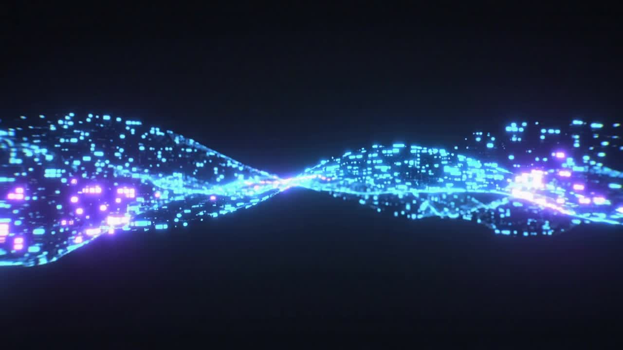 Flowing ribbon reshaping and widening with frames advancing in void, showing violet pulses, squares