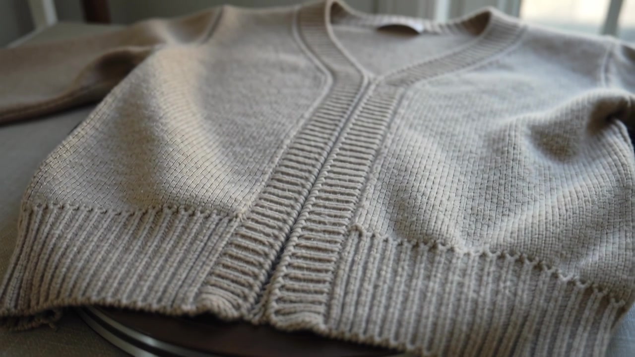 Indietreggiando, la telecamera rivela un cardigan in maglia beige su una piattaforma metallica rotonda sul tavolo per l'esposizione