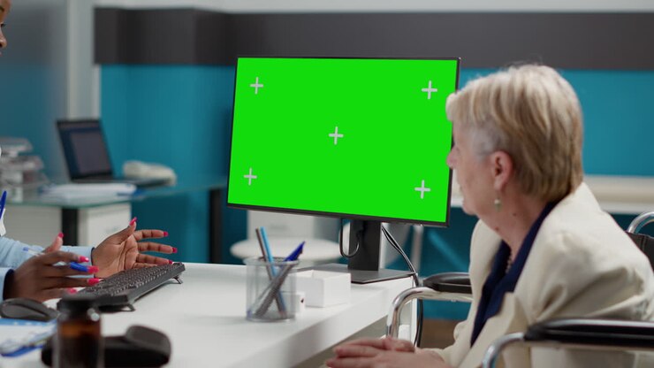 Consulto medico con monitor con green screen