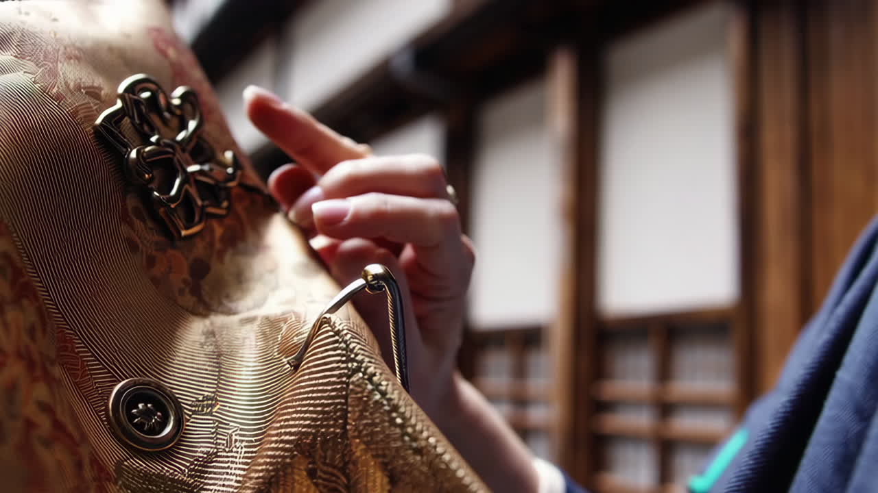 Woman examining a detailed gold Japanese handbag