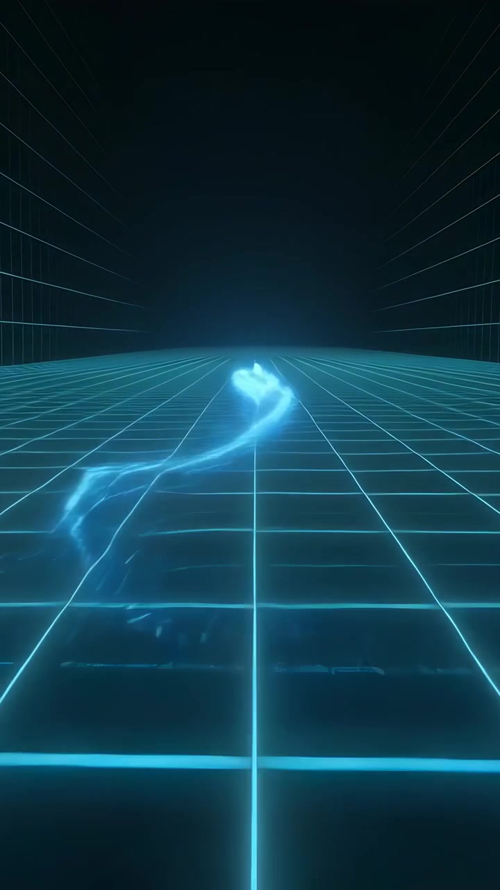 Vertical video: Moving cyan streak forming orb on neon grid after pulse, trailing sparks to horizon