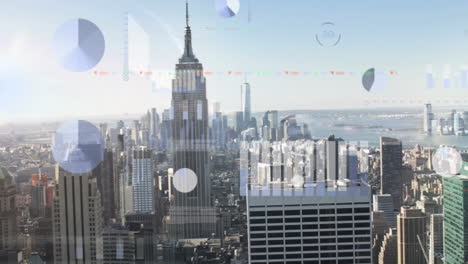 animation of social media notifications and data processing over cityscape