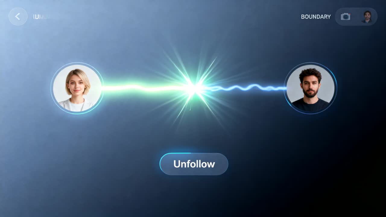 Tapping Unfollow button, user severing left and right avatar beams in dark UI, ending connection
