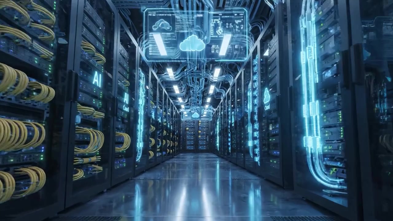 Un data center ad alta tecnologia, pieno di rack server avanzati e cavi illuminati, che mostra la tecnologia AI e cloud in un ambiente elegante e moderno.