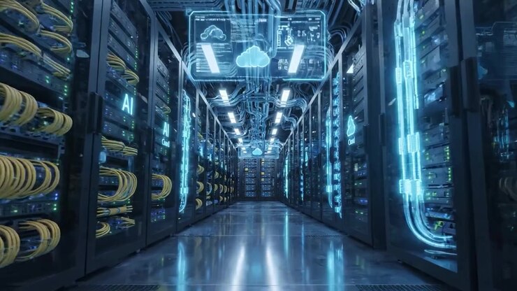 A High-Tech Data Center Filled with Advanced Server Racks and Illuminated Cables, Showcasing AI and Cloud Technology in a Sleek and Modern Environment