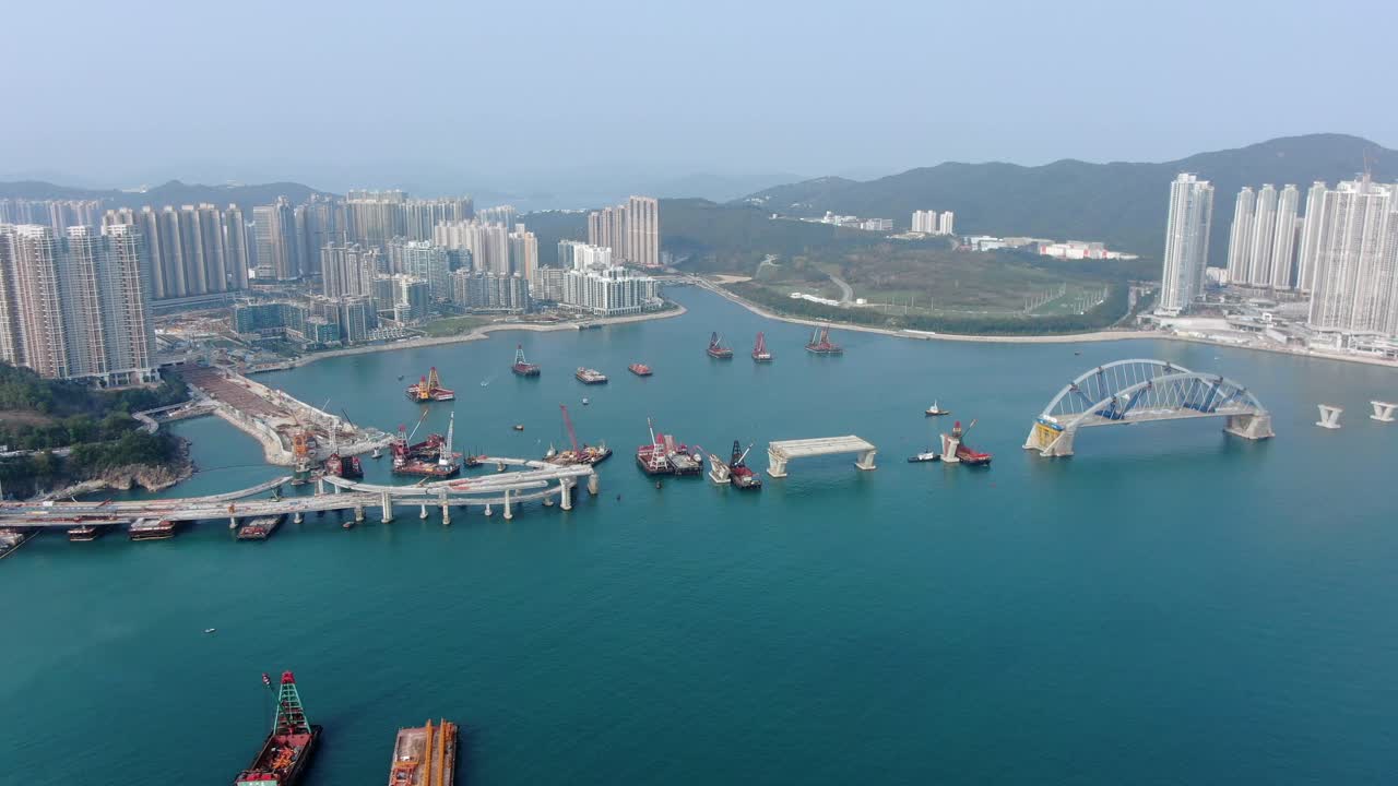 proyecto de construcción del enlace cruzado de la bahía de hong kong, un puente doble de dos carriles que conecta el túnel tseung kwan o lam tin con la carretera wan po, vista aérea