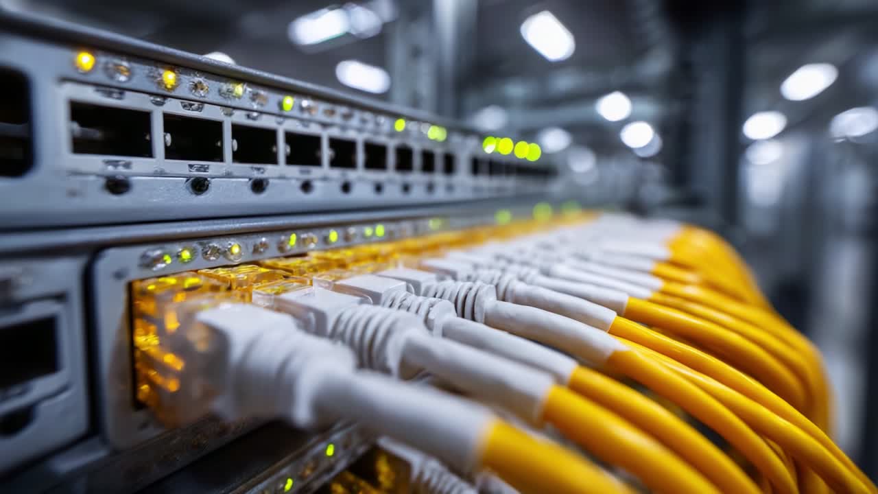 Infrastruttura di rete con cavi Ethernet gialli e switch attivi che evidenziano la connettività in un moderno ambiente di data center