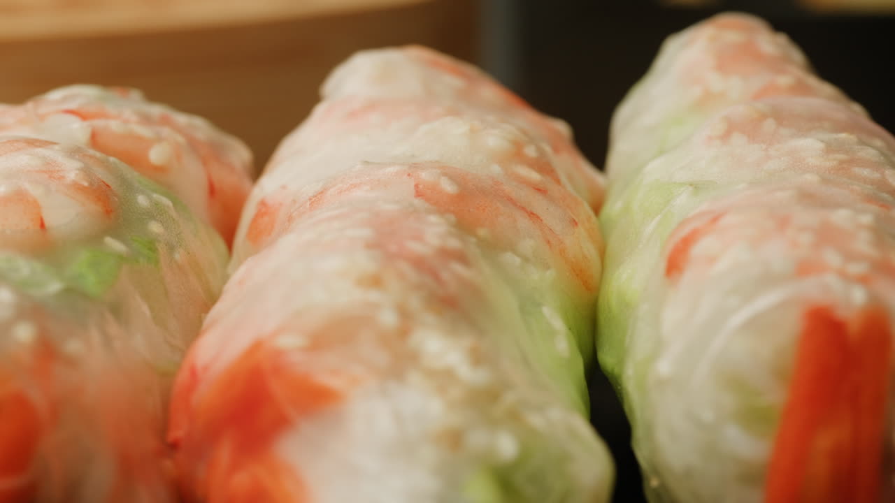 Close-up of Fresh Vietnamese Spring Rolls with Shrimp