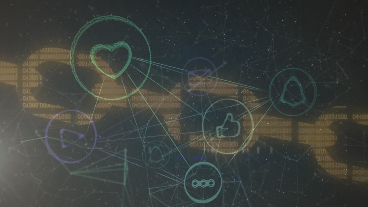 파란색 회색 배경에 대한 보안 체인 아이콘 위의 디지털 아이콘 네트워크의 애니메이션