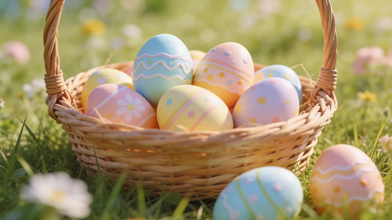 Pushing in, camera zooming lawn, showing wicker basket with painted eggs one outside showing weave