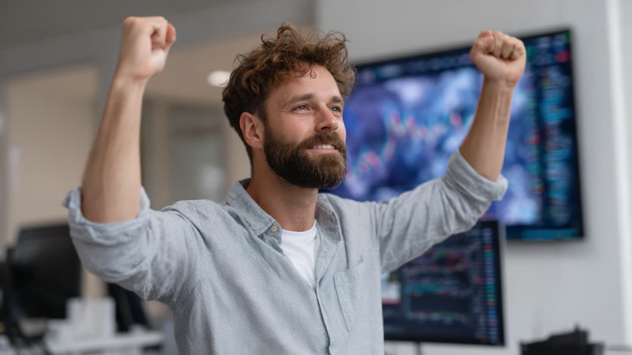 Joyful Celebration: A Man in a Stylish Grey Shirt Exults in Success with Raised Arms and a Broad Smile, Capturing the Spirit of Achievement in a Modern Office Setting