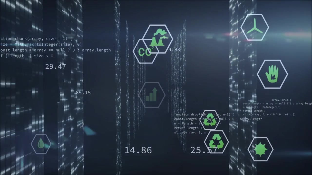Tech corridor appearing, causing floating hex HUD icons shifting forward and updating CO2 metrics