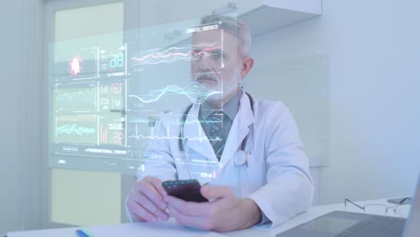 physician checking patient's vital signs remotely, futuristic holographic stats