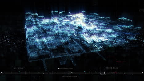 Futuristic holographic simulation of artificial neural networks, artificial intelligence deep learning performing analytic computational head up display background