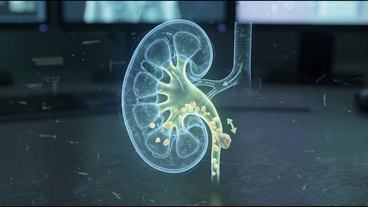 Glowing blue 3D human kidney organ model showing renal pyramid