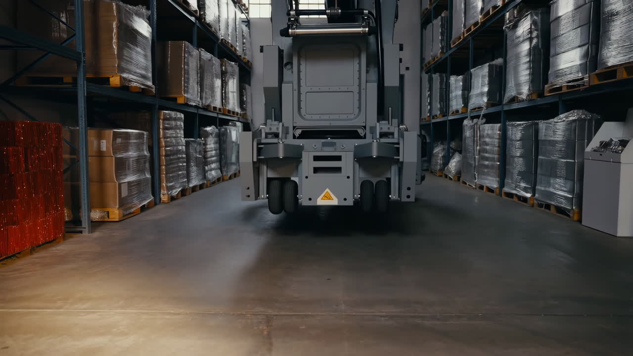 Automated Robot Moving Through a Modern Industrial Warehouse