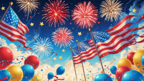 Patriotic Celebration with American Flags and Fireworks