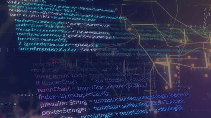 Animation of network of connections with light spots over data processing