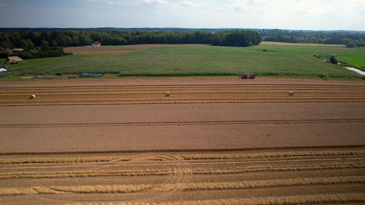 Aerial view of a tractor harvesting working in a wheat field farmland in countryside Poland