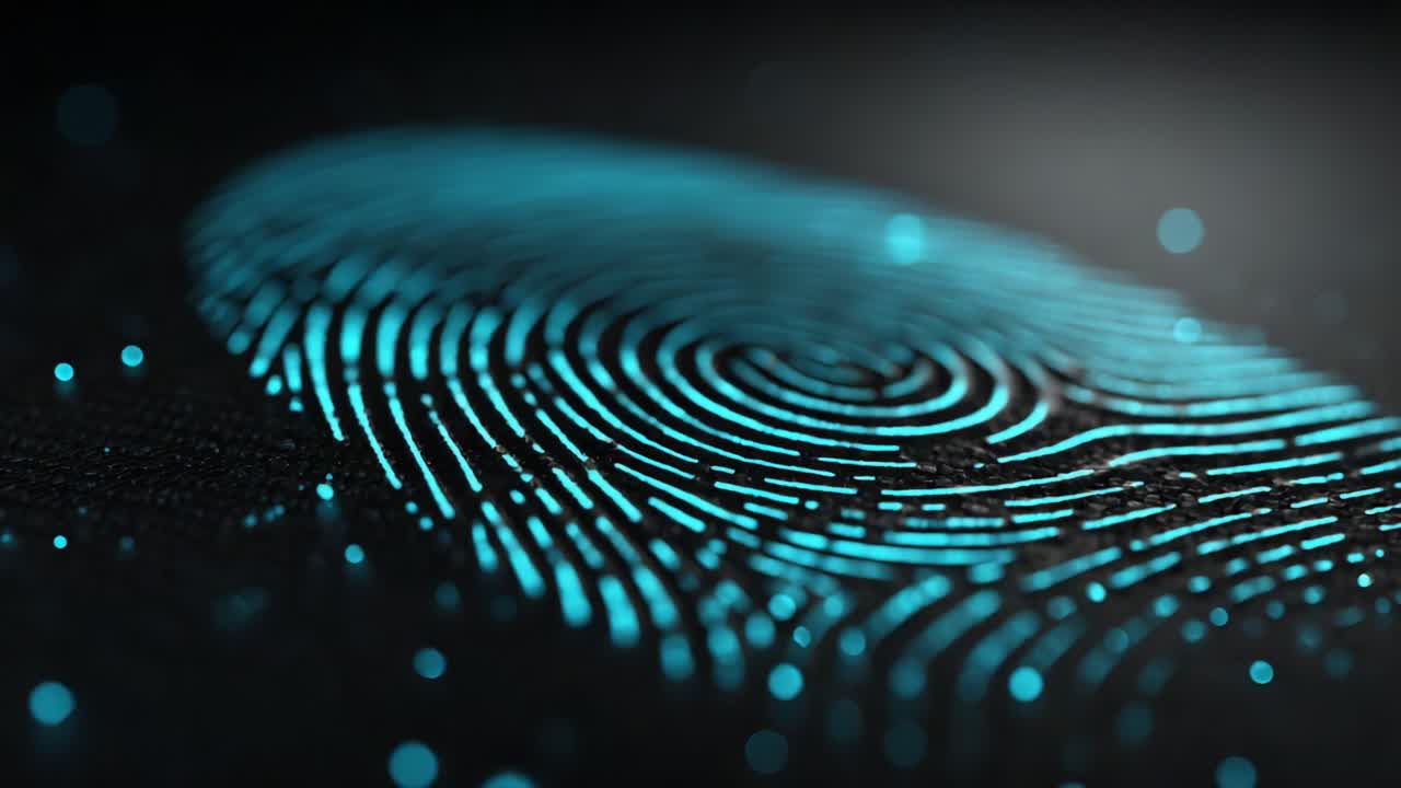 Digital Representation of a Fingerprint Highlighted with Bright Cyan Neon Effects Against a Dark Background Showing Intricate Patterns and Details
