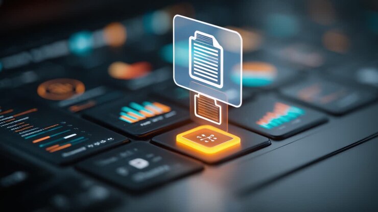 A close-up view of a futuristic keyboard interface highlighting file management features, showcasing illuminated icons representing data organization and statistics