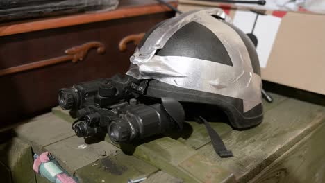 a custom-made headset with night vision goggles is seen being used for military purposes near the ukraine-russia war frontline.