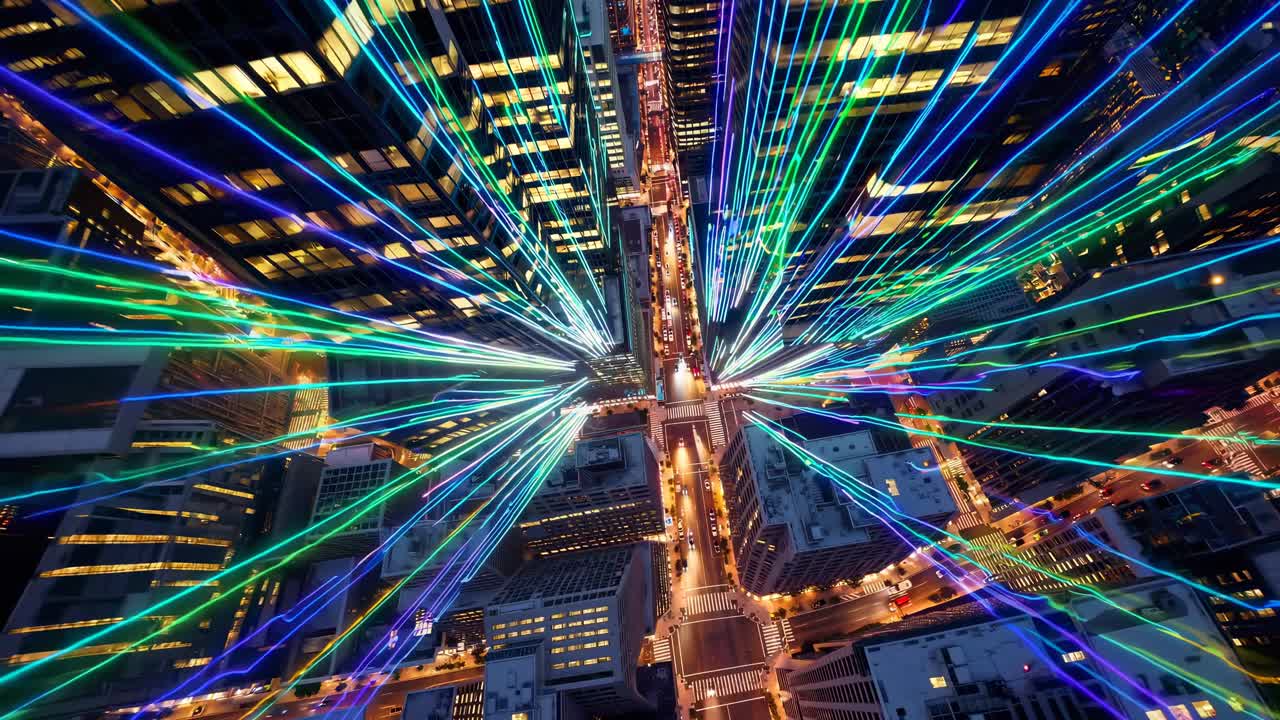 Night City Lights Aerial View with Light Trails