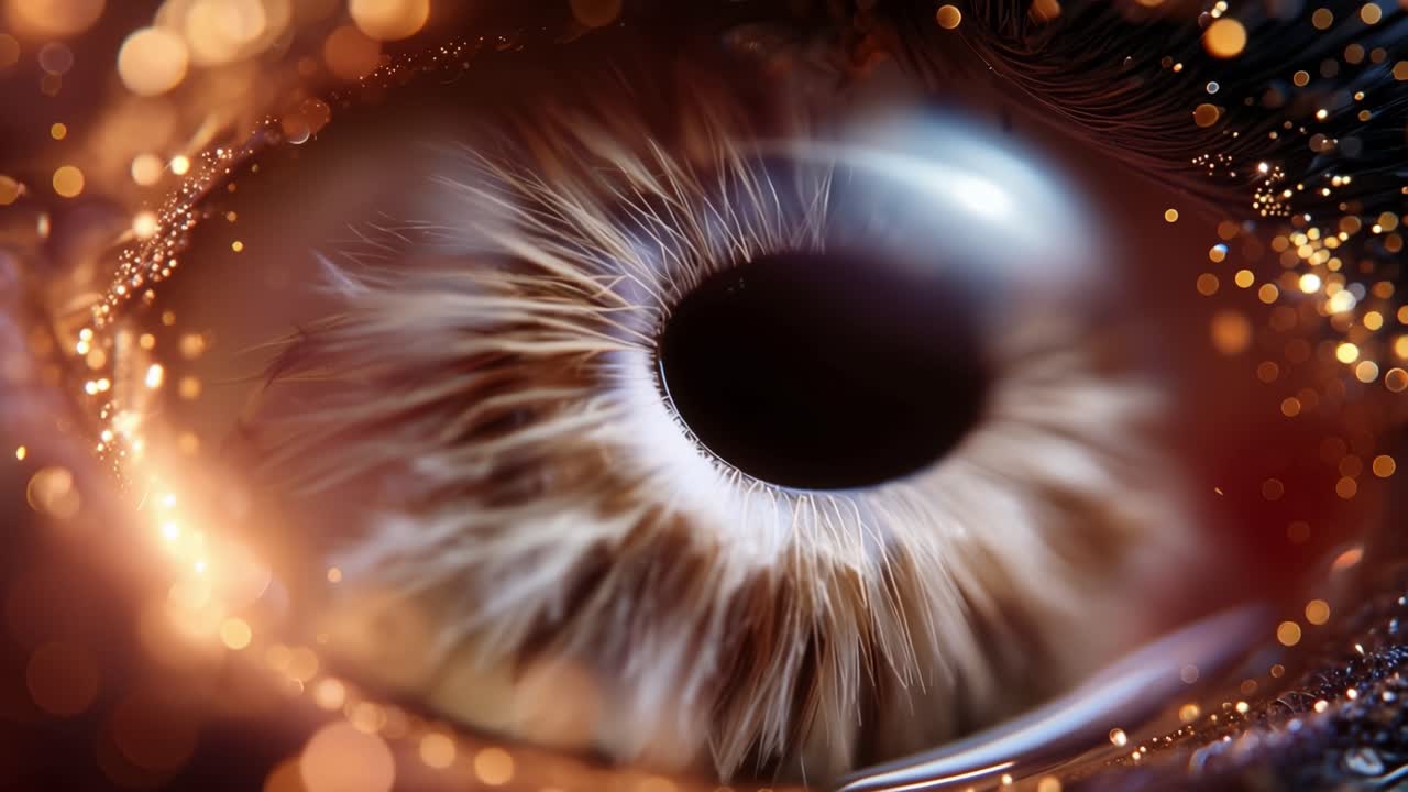 Gyldne gnister virvler rundt et fascinerende øye. Dype brune iriser gløder med et indre lys. Et fokusert blikk utstråler nysgjerrighet og undring. Perfekt for magiske, mystiske eller kosmiske temaer.