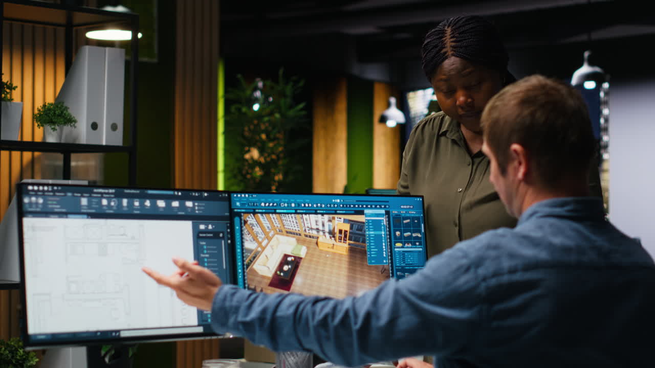 Graphic design team use architectural software and blueprints for 3D render