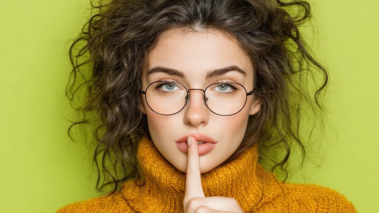 Una giovane donna elegante con capelli ricci e occhiali, in posa su uno sfondo verde vibrante, suggerisce il silenzio mentre indossa un vistoso maglione arancione.