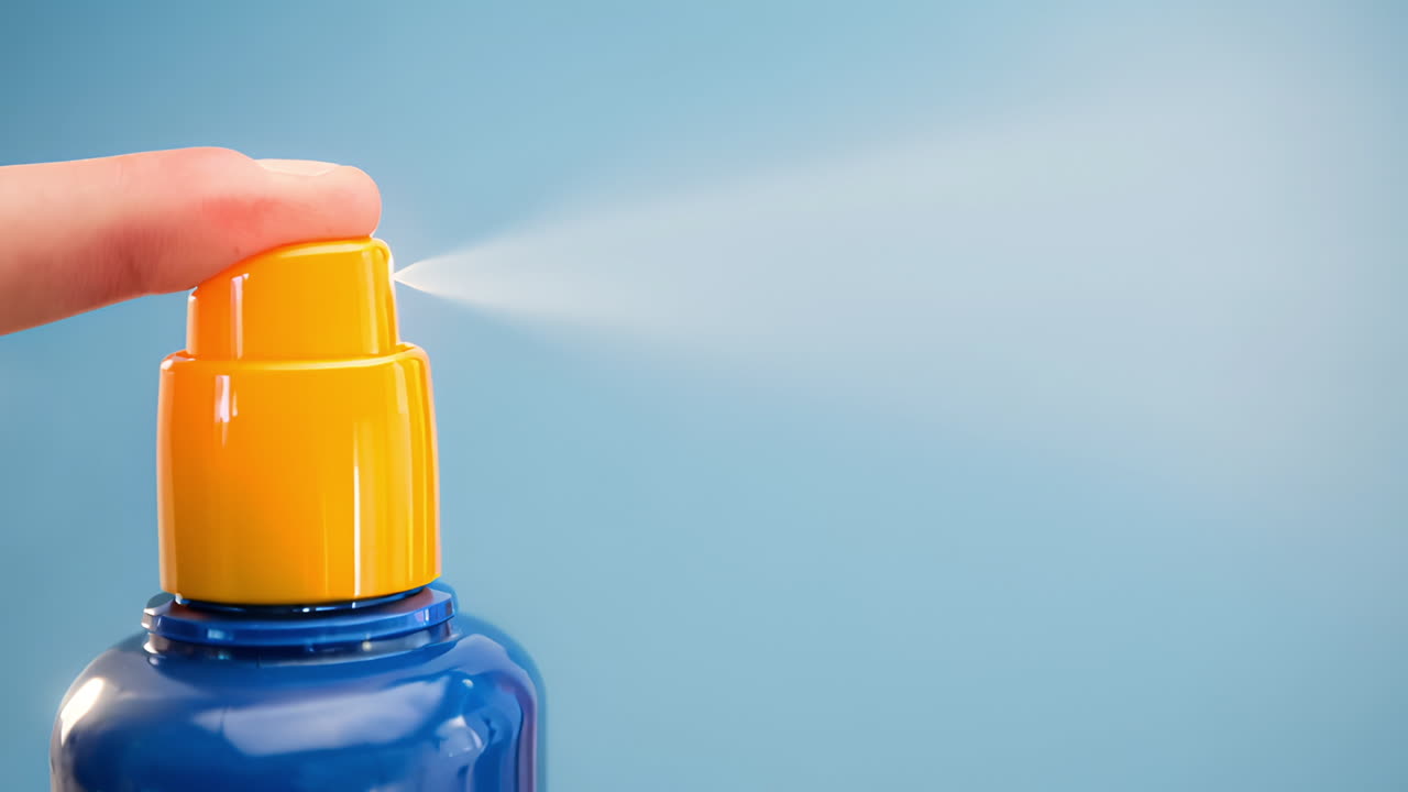 Cinemagraph of caucasian finger pressing bottle cap releasing mist of spray on blue background