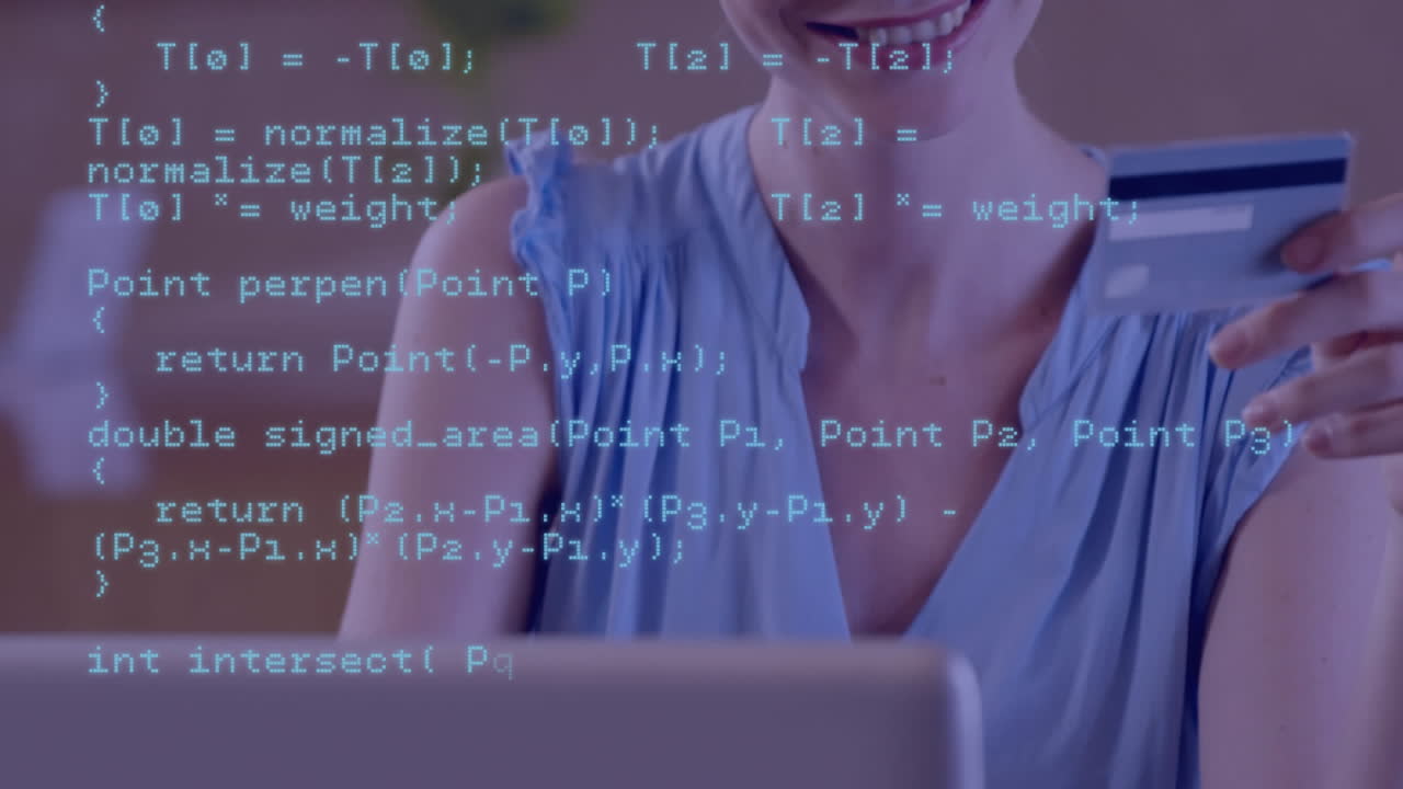 animatie van blauwe gegevensverwerking over blanke vrouw met behulp van een laptop