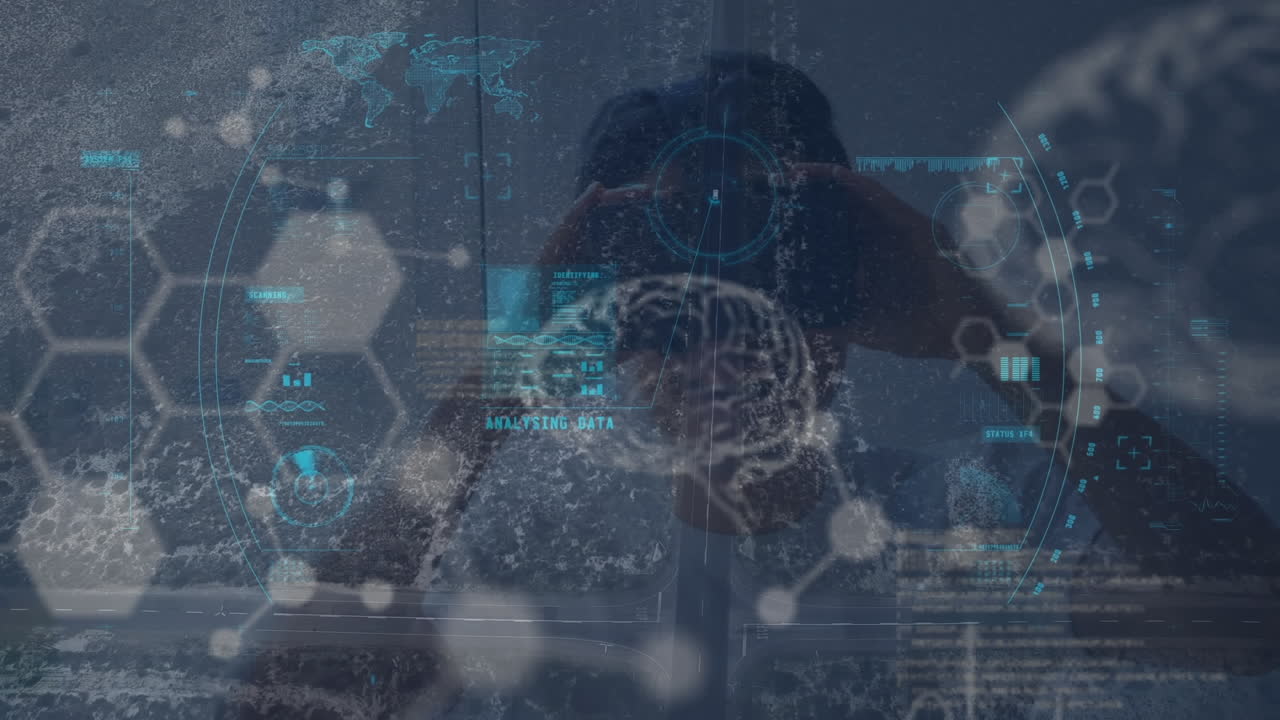 vr 헤드 ⁇ 을 착용한 소년에 대한 데이터 처리 애니메이션