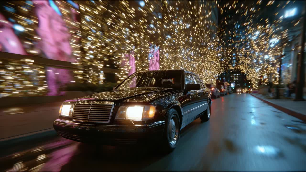 A sleek black sedan cruises gracefully through a dazzling cityscape adorned with shimmering fairy lights, highlighting the vibrancy and magic of nighttime urban life, creating an enchanting visual experience