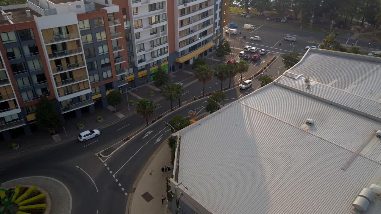 Top down view of intersections in a small busy street.