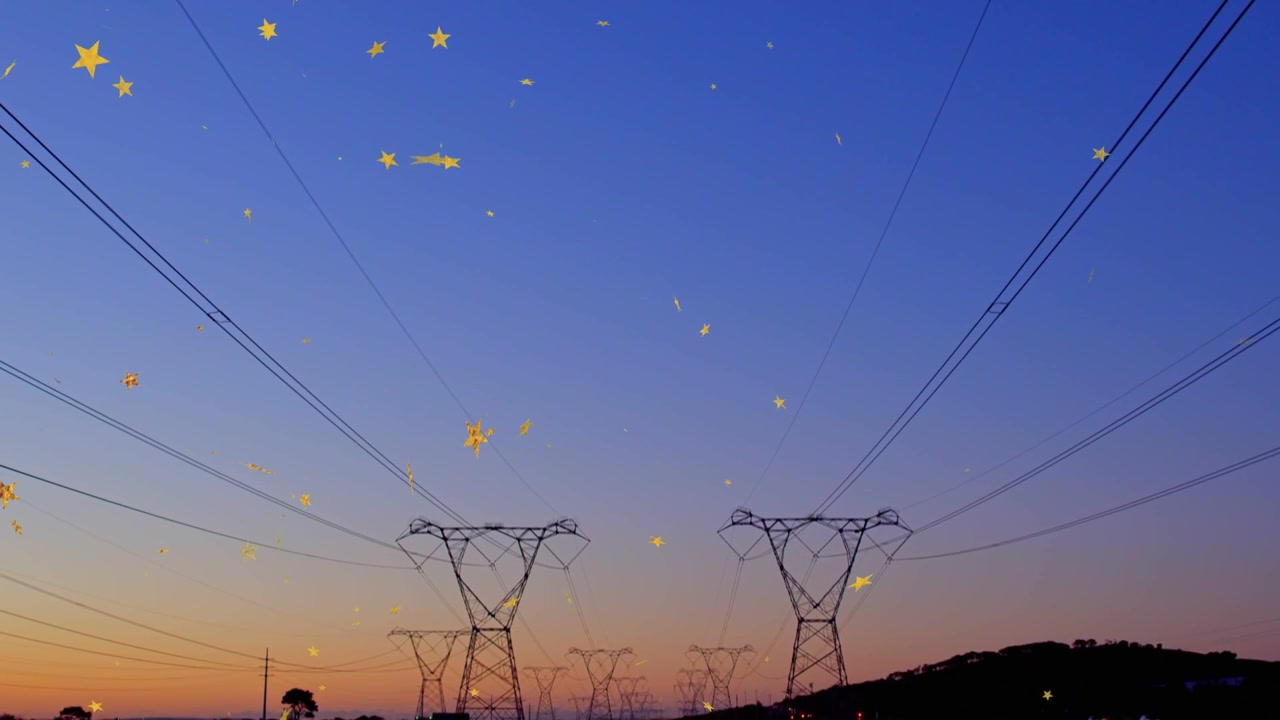 Bintang Kuning Berjatuhan di Atas Kabel Listrik Saat Senja