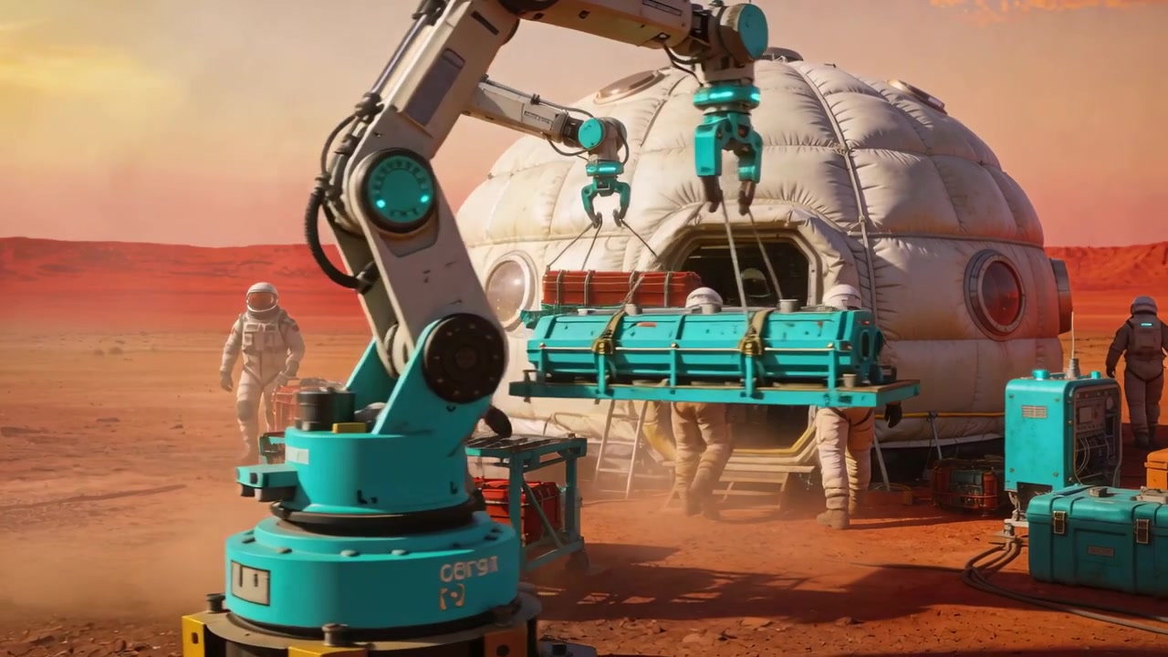 Lowering teal robotic arms starting cargo transfer, suited crew guiding orange pallet to dome ramp