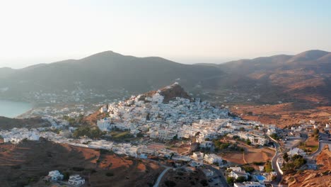 Aerial-Drone-Ios-Chora-Island-in-Greece-Side-Pan