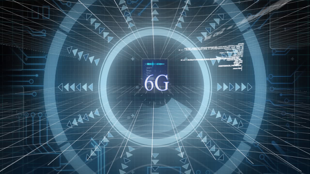 animación de texto de 6g con interfaz brillante e información que se mueve sobre un fondo negro