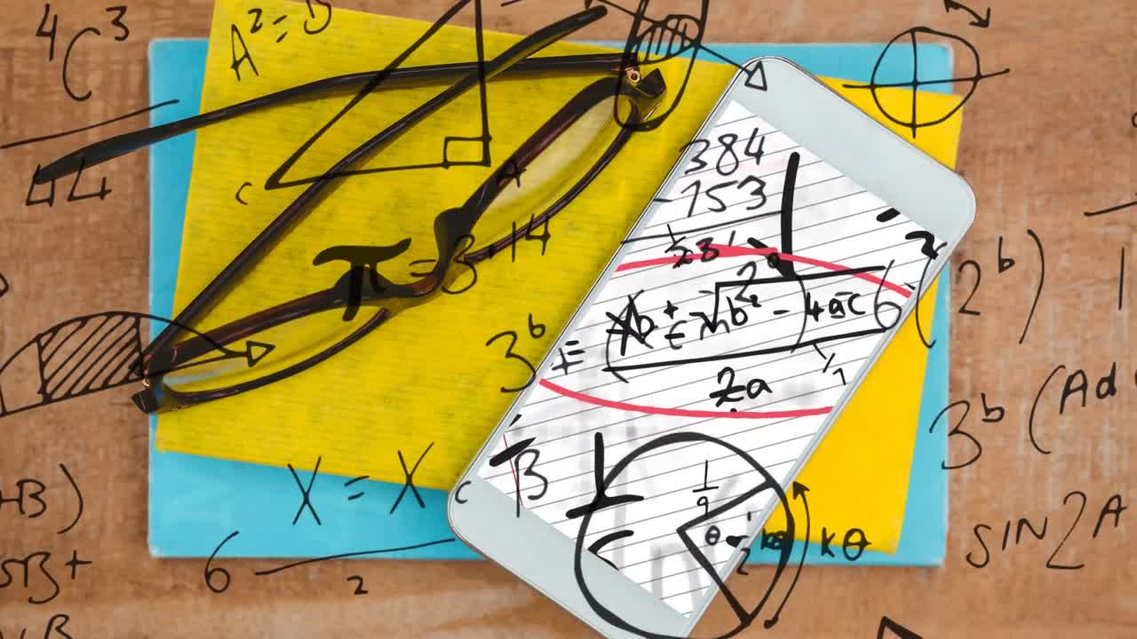 스마트 폰, 안경 및 봉투를 통해 수학적 방정식의 애니메이션