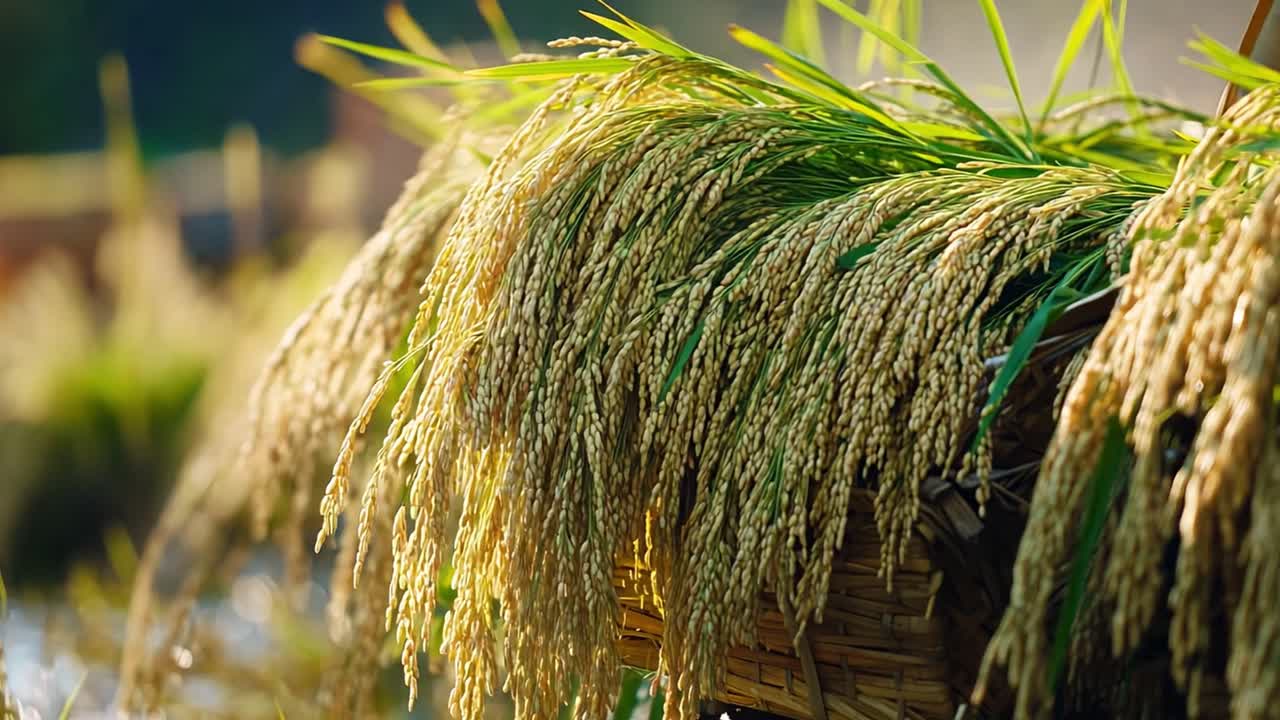 Close-up of ripe rice grains ready for harvest