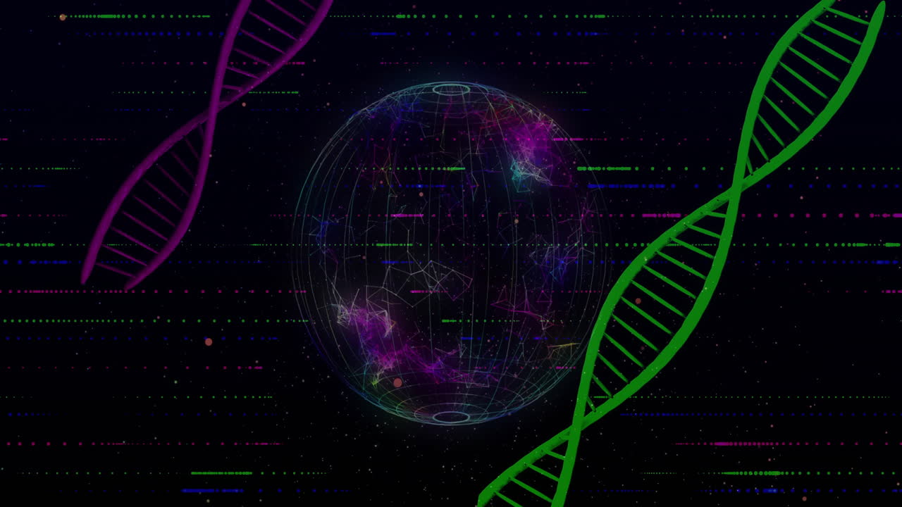 Animation of digital data processing, globe over dna strand spinning
