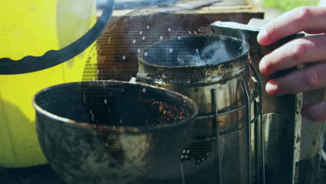 beekeeper handling smoker in outdoor apiary tech demo, with animated smoke trails and data icons