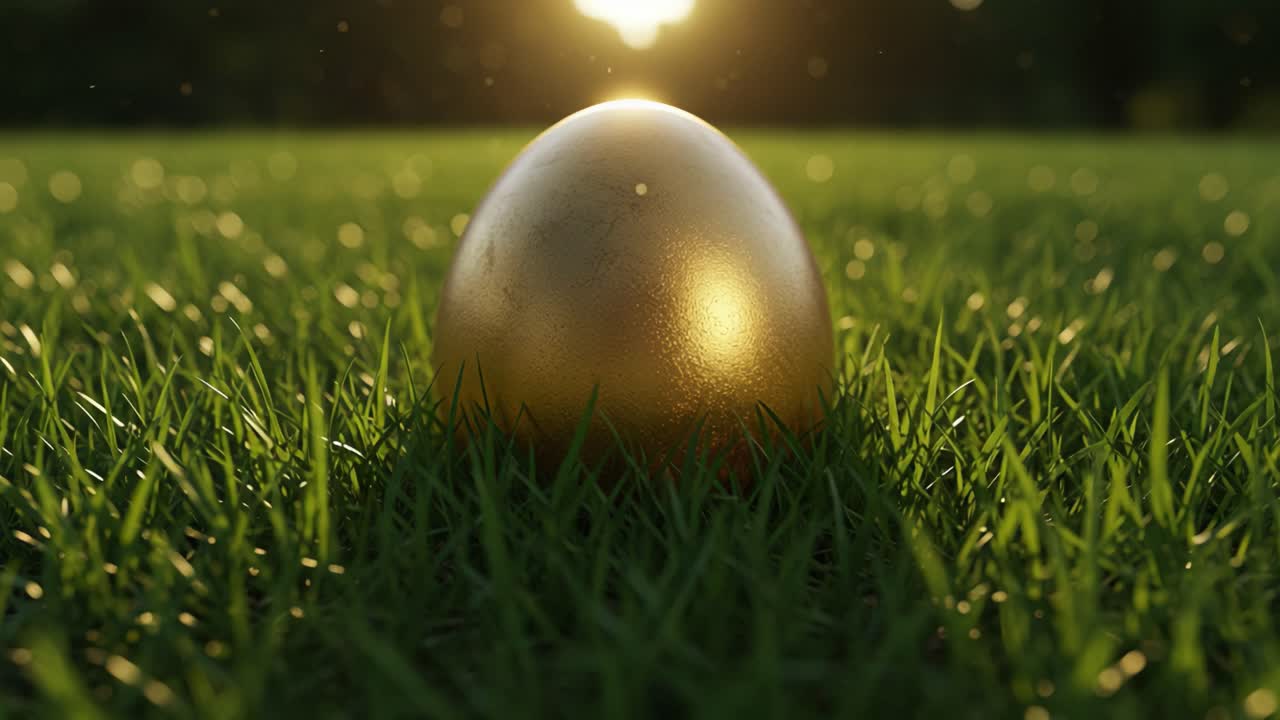A Glowing Golden Egg Sitting Gracefully on Lush Green Grass Beneath a Dazzling Sunlight, Capturing the Essence of Nature's Beauty and Wonder