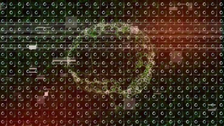 Animation of shapes and glitch over brain rotating on dark background